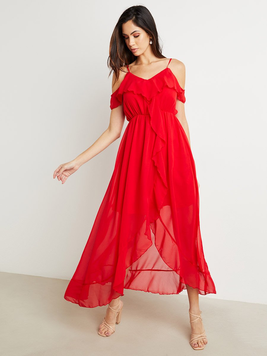 red cold shoulder ruffle detail maxi dress Pretty Little Thing Summer Tulle Fabric Color Red Cold Shoulder Ruffle Detail