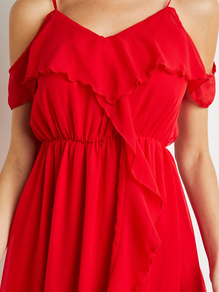 Cold Shoulder Ruffle Detail Woven Wrap Maxi Dress For Women at Saudi | Styli