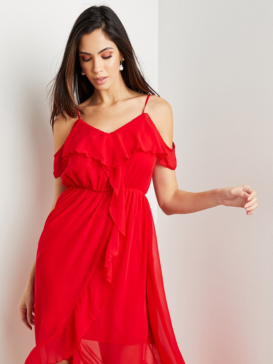 Cold Shoulder Ruffle Detail Woven Wrap Maxi Dress For Women at UAE | Styli Cold Shoulder Ruffle Detail Woven Wrap Maxi Dress For Women at UAE | Styli