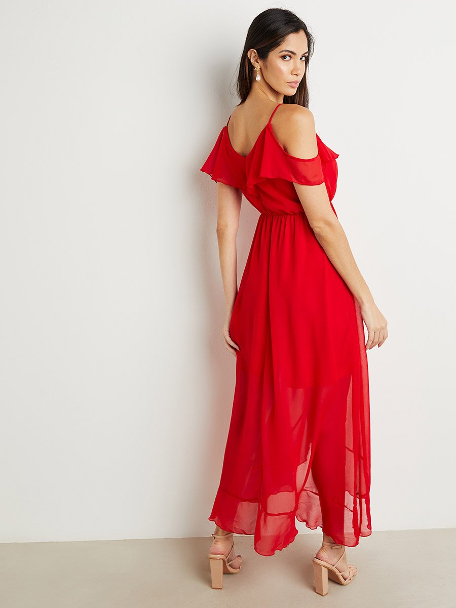 strapless open back dress Red Tulle Off-the-Shoulder Ruffle Tiered Long Prom Dress – Modsele main image 1