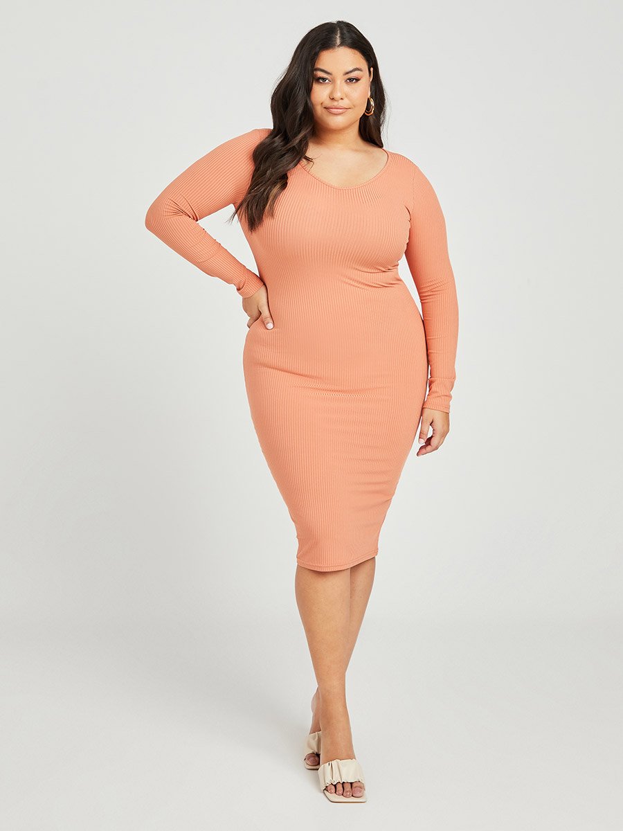Plus Long Sleeves Round Neck Ribbed Bodycon Dress
