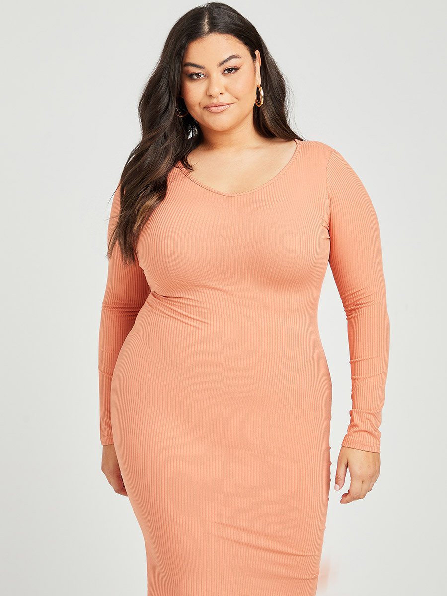 Plus Long Sleeves Round Neck Ribbed Bodycon Dress