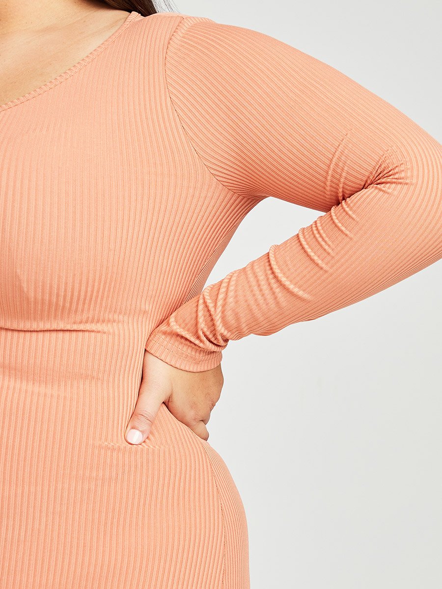 Plus Long Sleeves Round Neck Ribbed Bodycon Dress