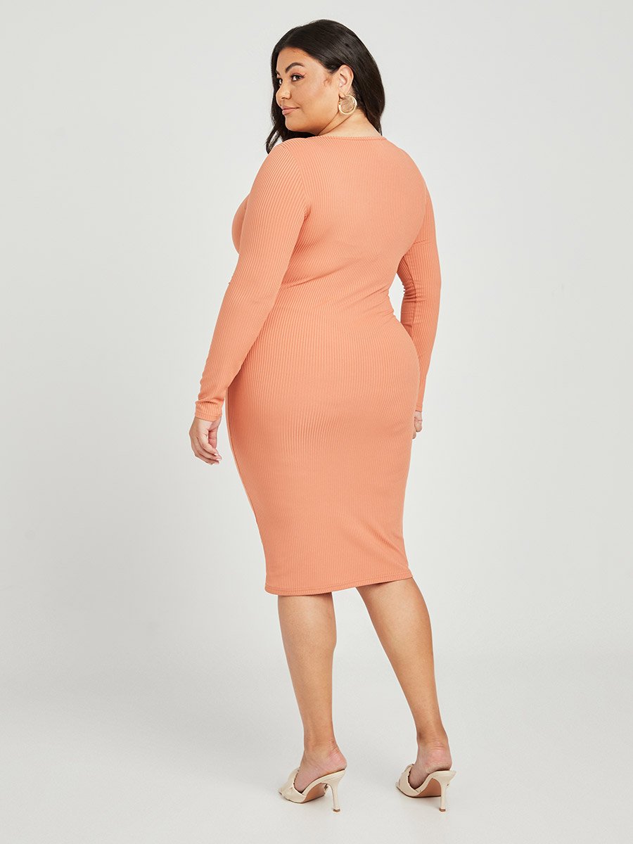 Plus Long Sleeves Round Neck Ribbed Bodycon Dress