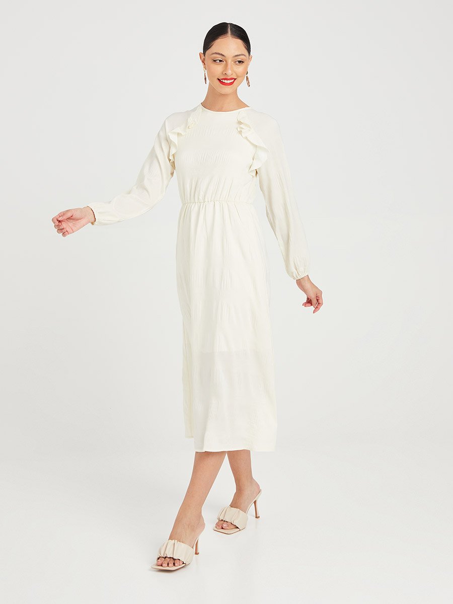 Long Sleeves Ruffle Detail Textured A-Line Midi Dress