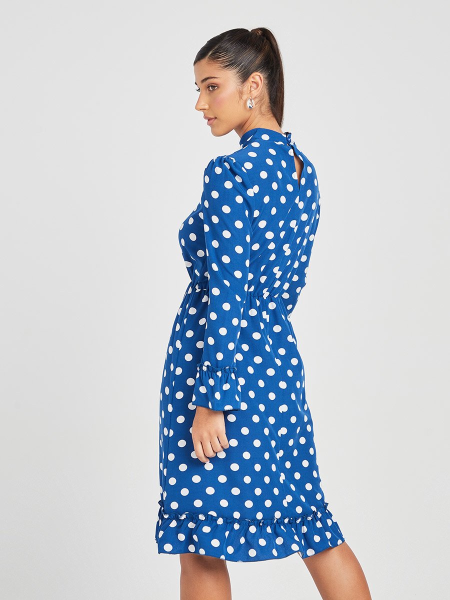 Long Sleeves High Neck Polka Dot Print Knee Length Dress For Women at Saudi | Styli Long Sleeves High Neck Polka Dot Print Knee Length Dress For Women at Saudi | Styli