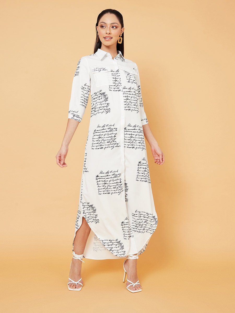 3/4 Sleeves Newspaper Print Button Through Shirt Maxi Dress For Women at  Saudi | Styli