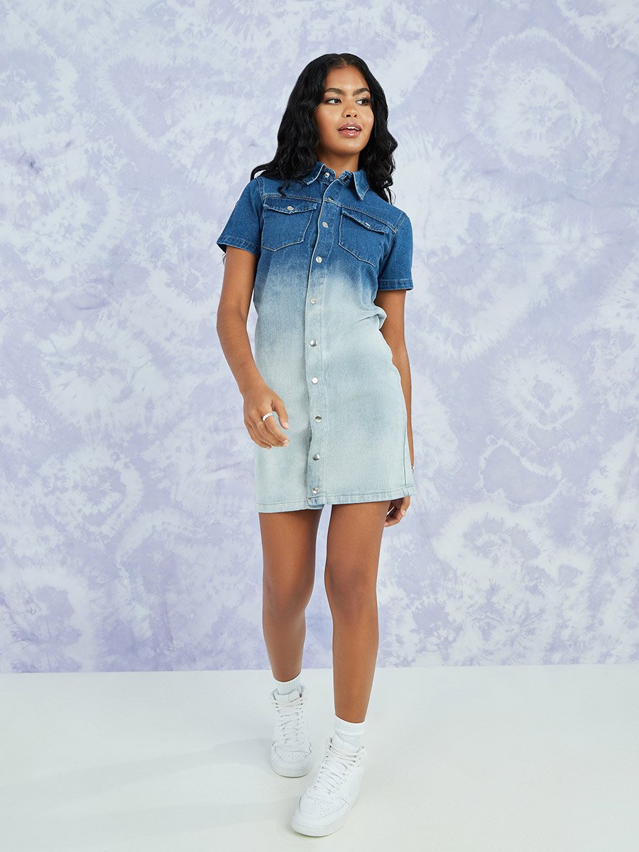 Short Sleeves Colorblock Denim Shirt Mini Dress with Popper Button Closure For Women at Kuwait | Styli Short Sleeves Colorblock Denim Shirt Mini Dress with Popper Button Closure For Women at Kuwait | Styli