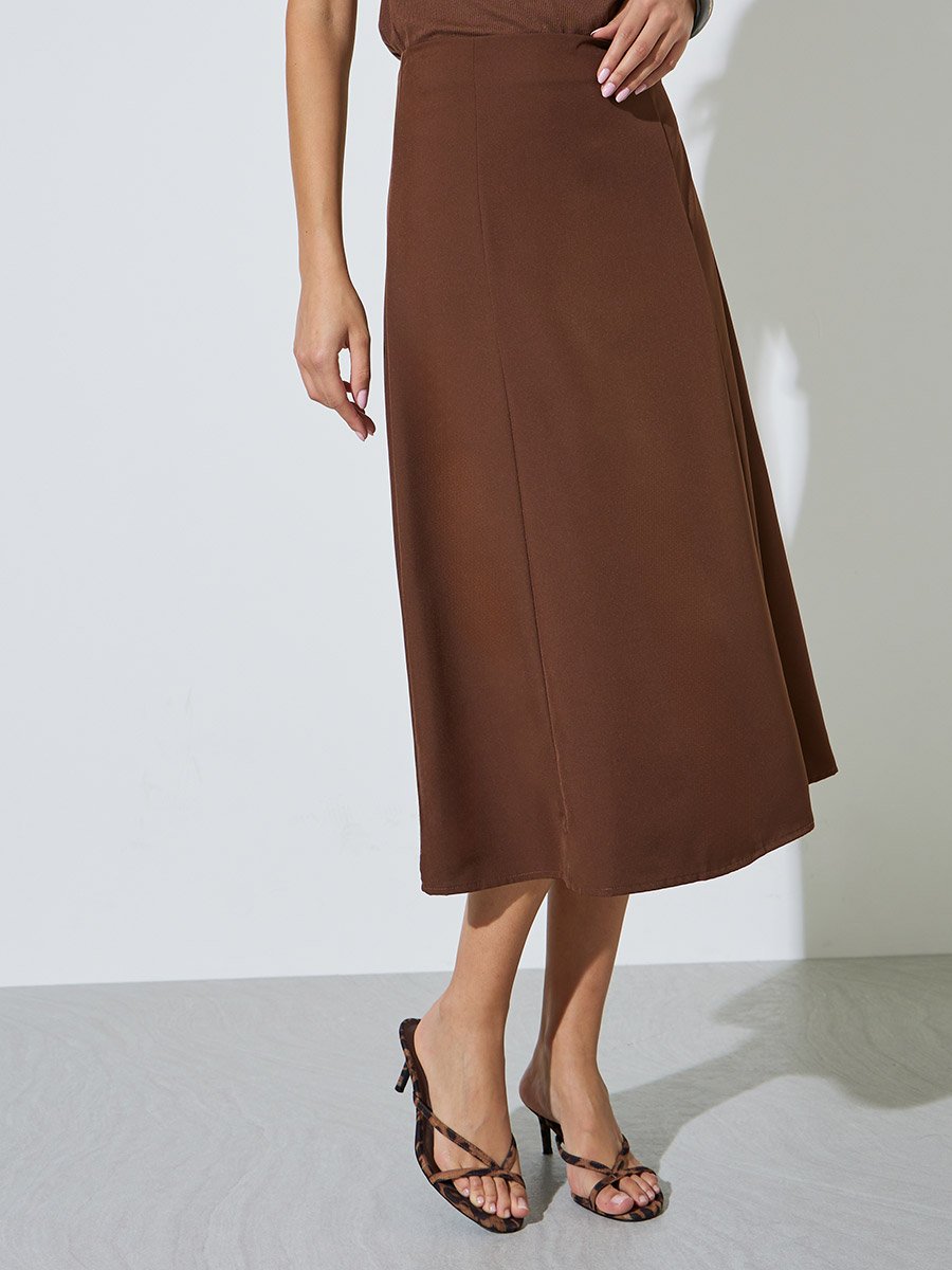 Brown High Rise Solid A-Line Midi Skirt