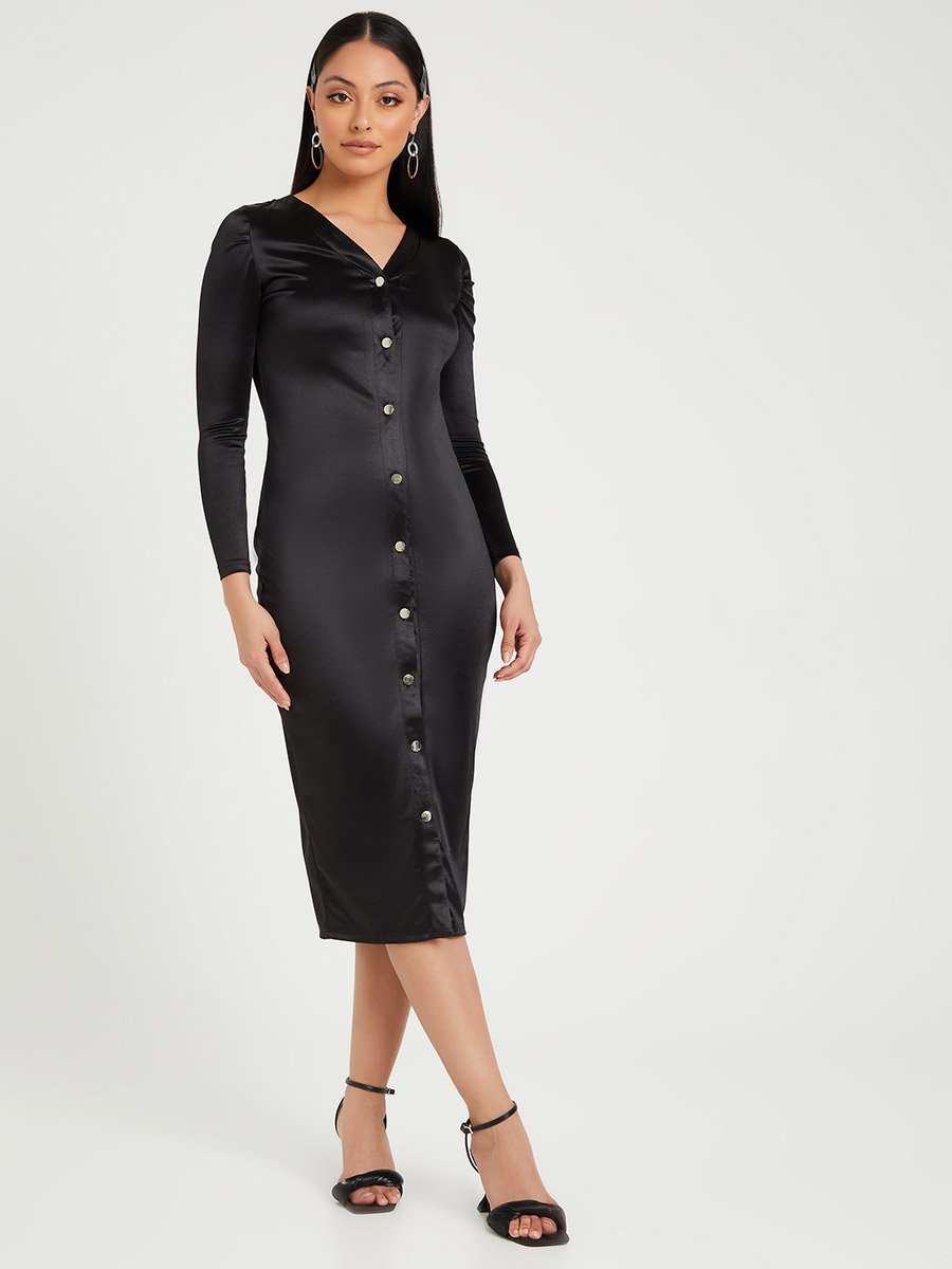 Long Sleeves Satin Bodycon Midi Dress