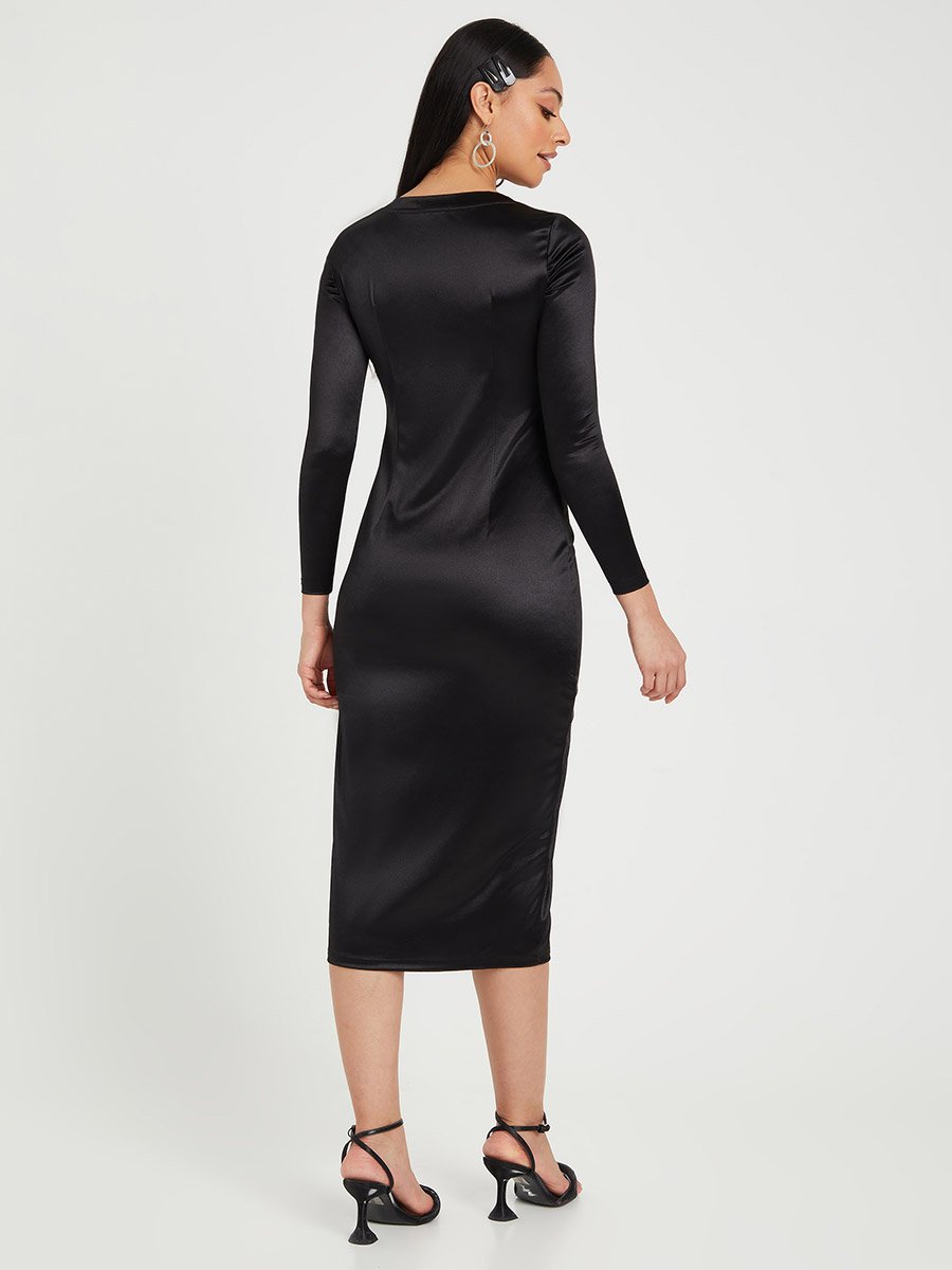 Long Sleeves Satin Bodycon Midi Dress