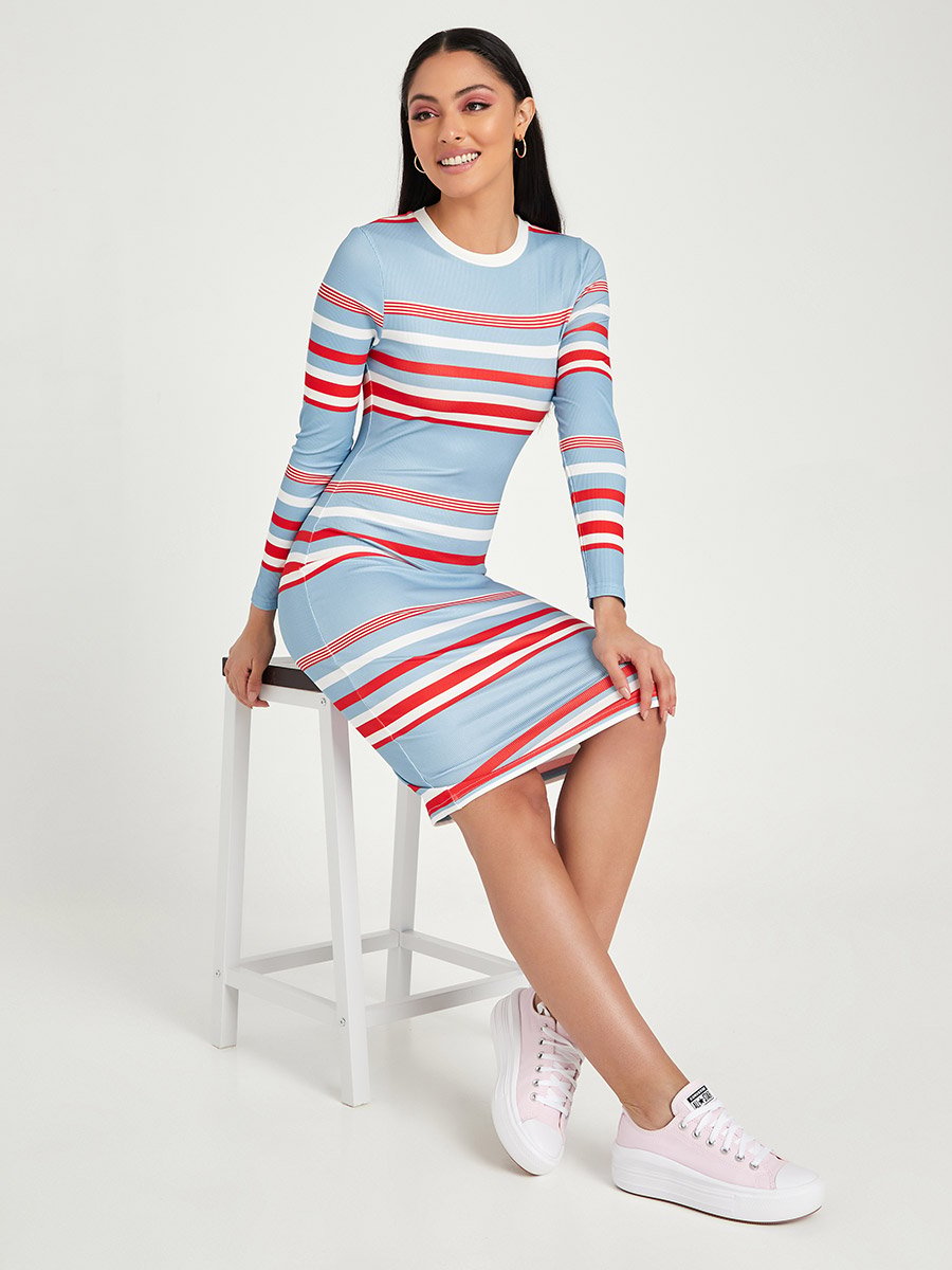 Long Sleeves Striped Bodycon Knee Length Dress For Women at Kuwait | Styli