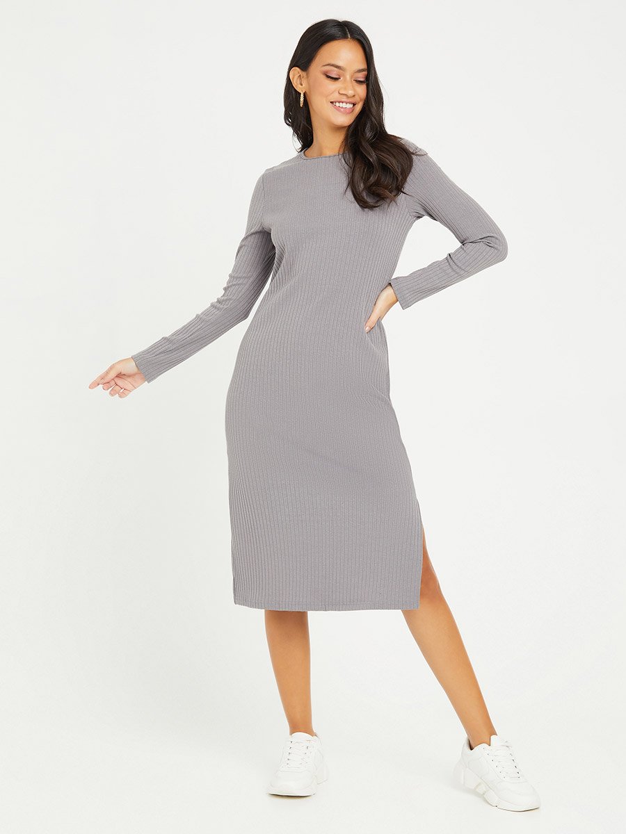 Long Sleeves Round Neck Ribbed T-shirt Midi Dress For Women at Kuwait |  Styli