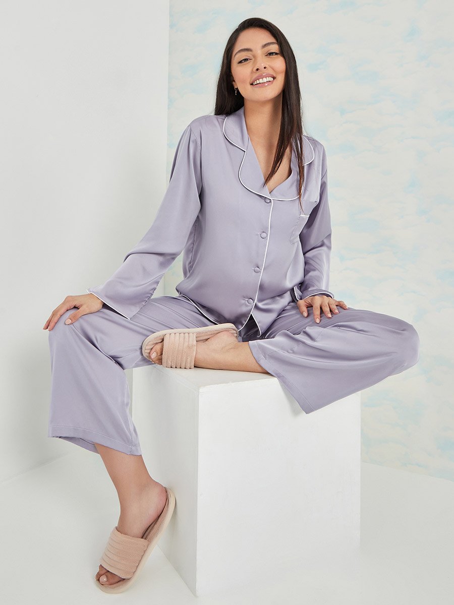 Solid Piped Button Through Shirt and Pyjama Set