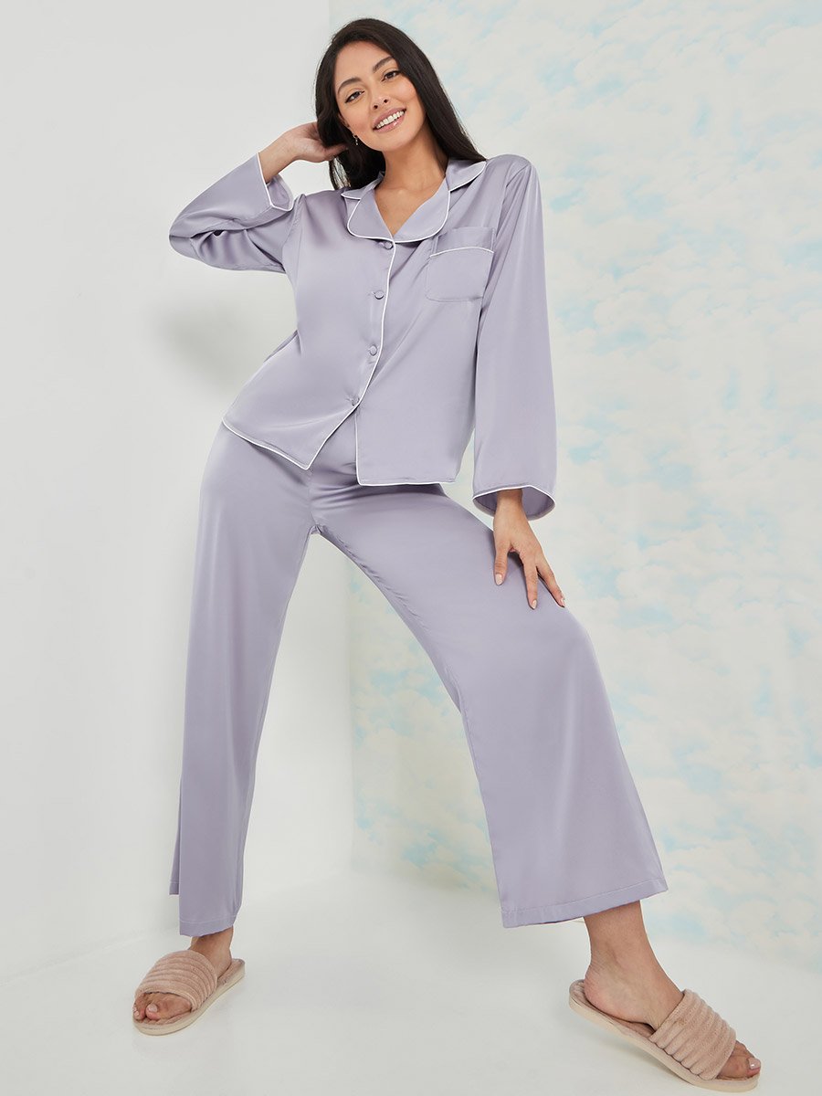 Solid Piped Button Through Shirt and Pyjama Set