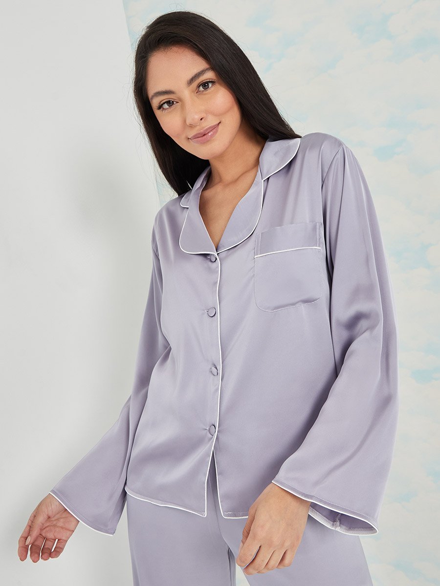 Solid Piped Button Through Shirt and Pyjama Set