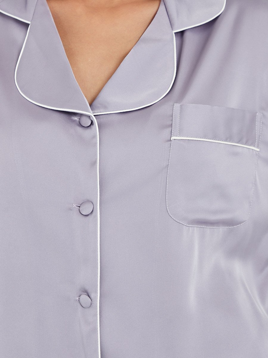 Solid Piped Button Through Shirt and Pyjama Set