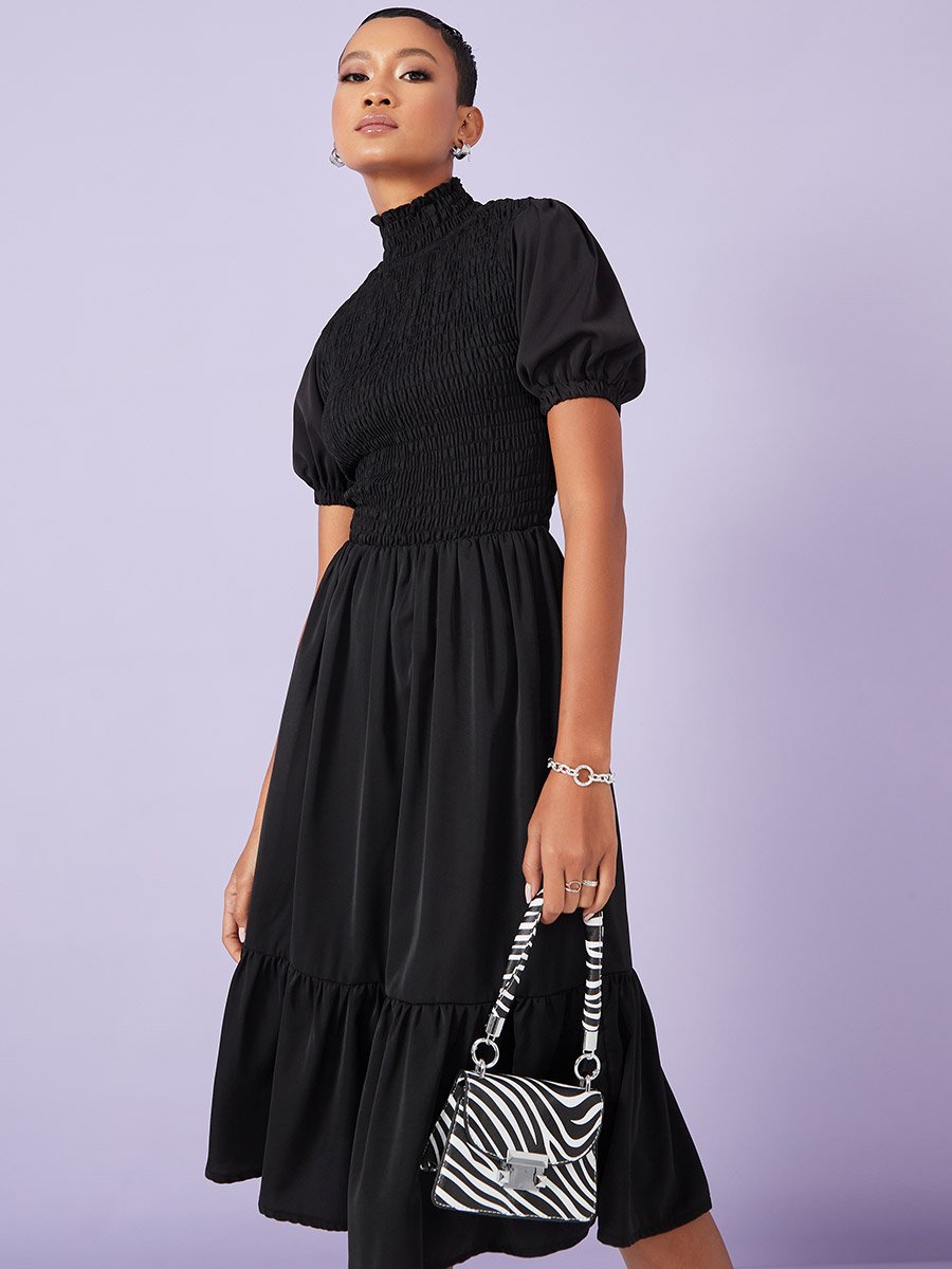 Puff Sleeves High Neck Smock A-Line Midi Dress For Women at Bahrain | Styli Puff Sleeves High Neck Smock A-Line Midi Dress For Women at Bahrain | Styli