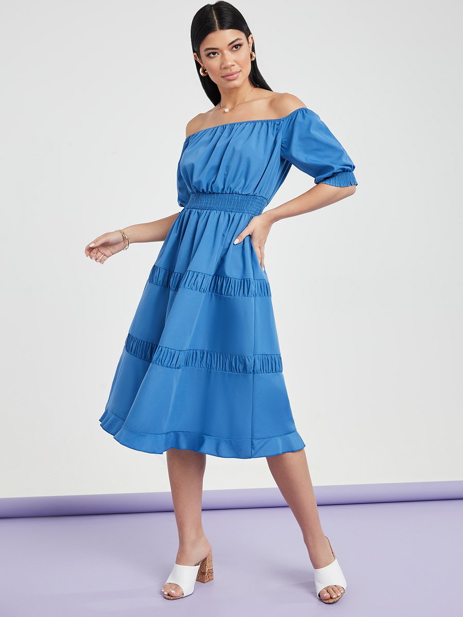 knee length dresses for ladies Women's Dress - Cotton Striped Puff Sleeve Midi Dress