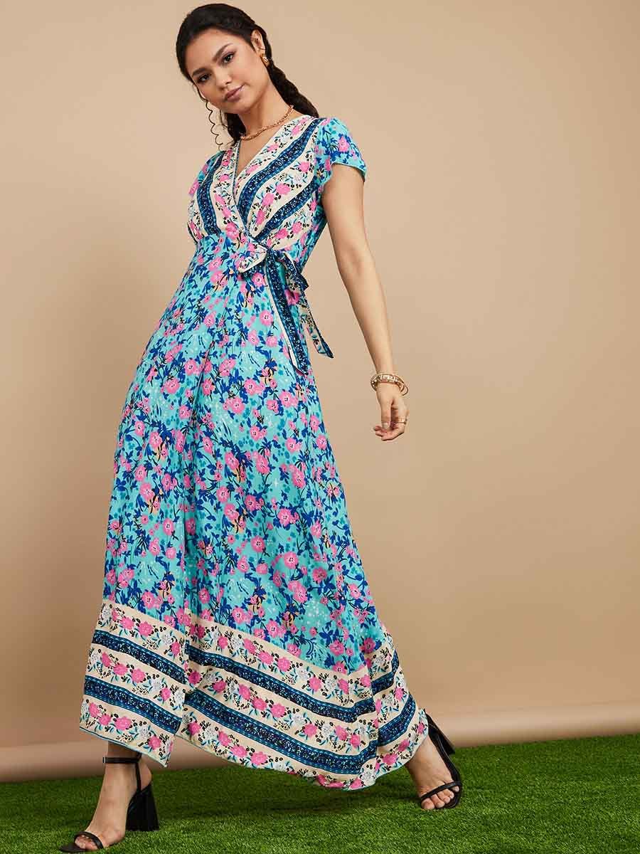 Cap Sleeves Floral Print Soft Viscose Wrap Maxi Dress For Women at Saudi | Styli Cap Sleeves Floral Print Soft Viscose Wrap Maxi Dress For Women at Saudi | Styli