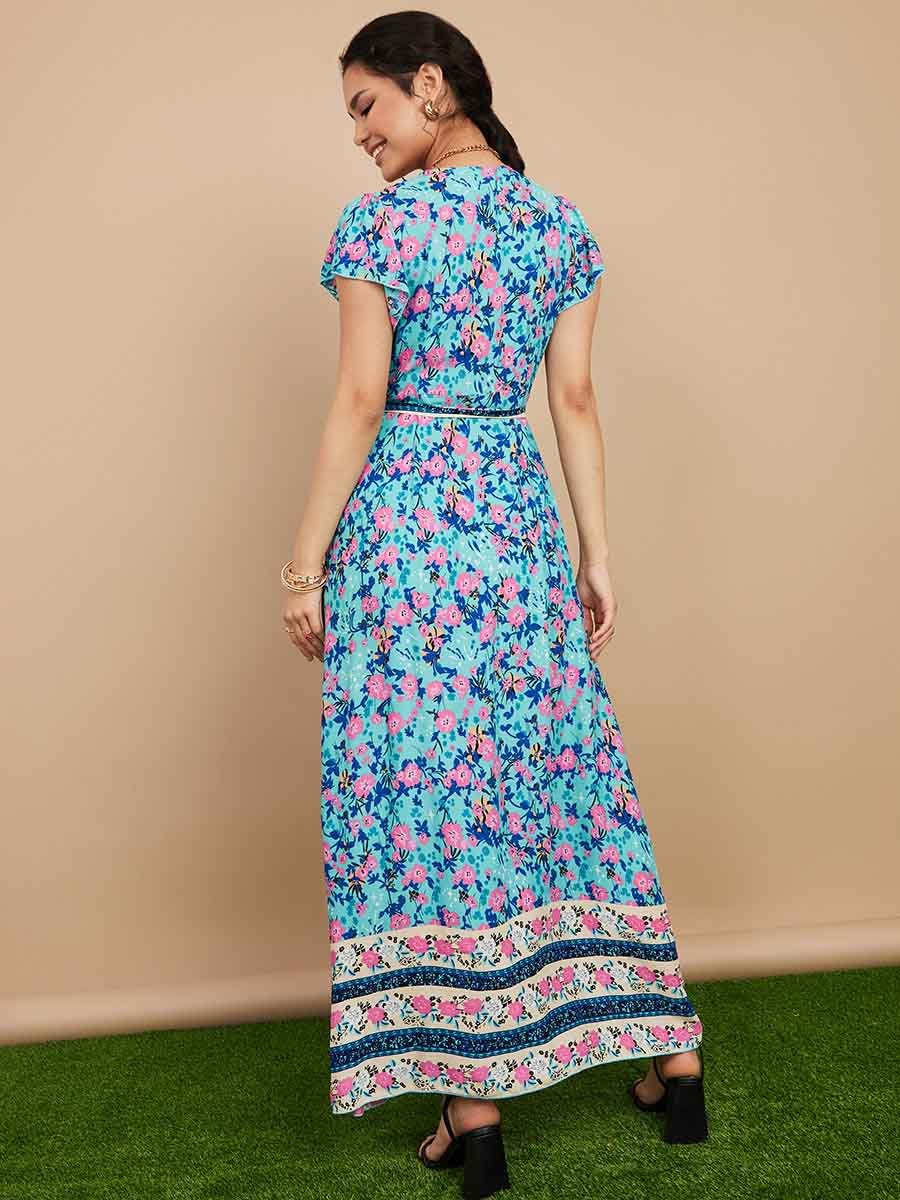 chinese dress ladies Buy Off White And Blue Cap Sleeve Wrap Maxi Dress Online main image 0