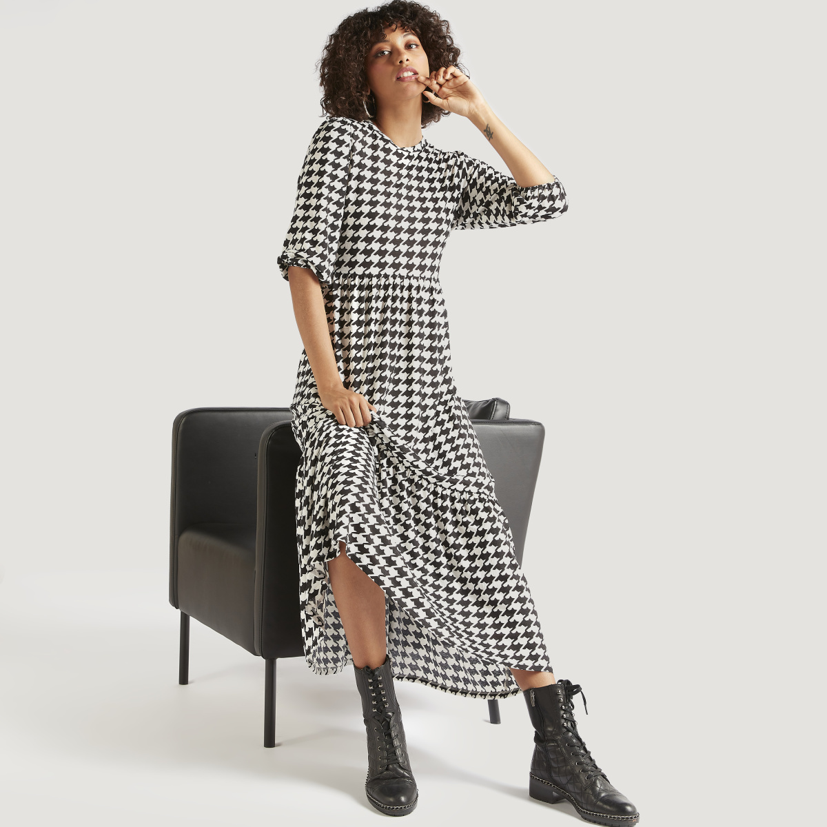 3/4 Sleeves Houndstooth Print Drop Hem Maxi Dress For Women at Saudi | Styli