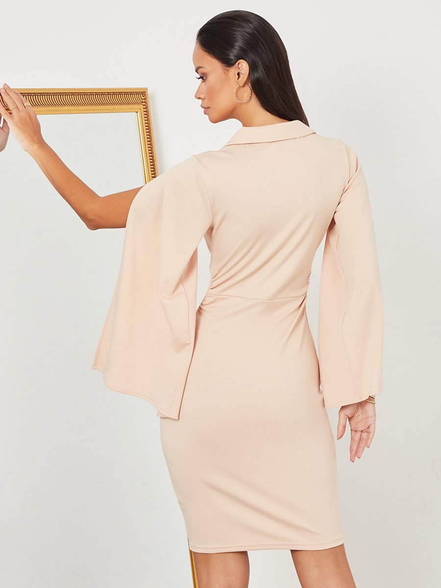 Open Sleeves Collared Bodycon Knee Length Dress For Women at UAE | Styli