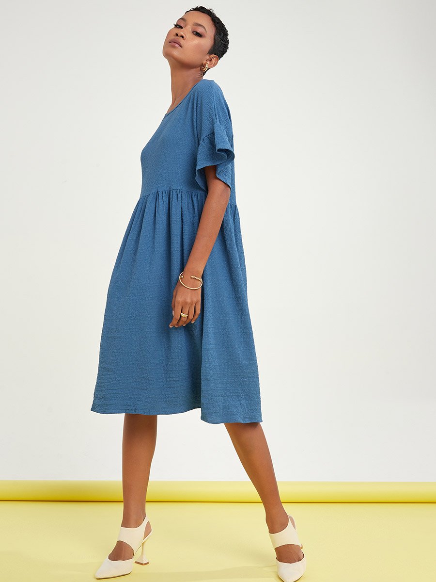 smock knee length dress Short Flare Sleeves Boat Neck For Women at Kuwait inv-57