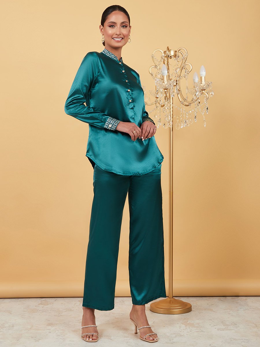 Satin Long Sleeves Tunic and Trouser Co-Ord Set For Women at Saudi