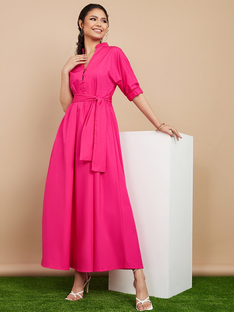Elbow Sleeves Cotton A-Line Maxi Dress with Notch Neck For Women at Bahrain  | Styli