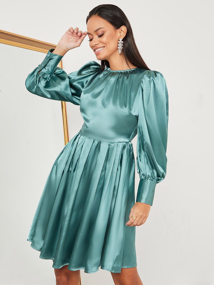 Long Sleeves Round Neck Satin A-Line Knee Length Dress For Women at UAE |  Styli