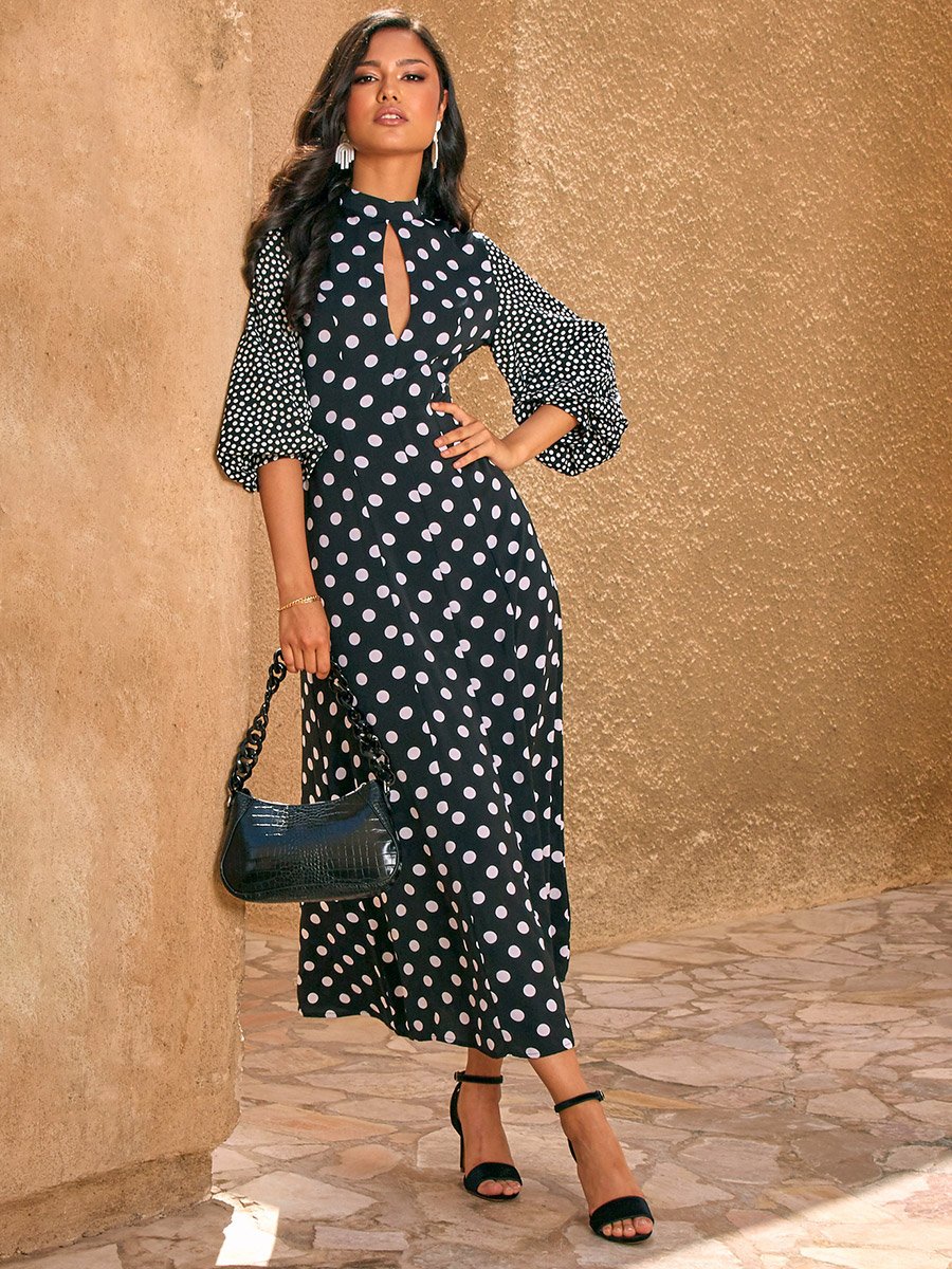 chinese dress ladies Galaxia Black & White Polka Dot Maxi Dress With Mesh Skirt – Club L London main image 0