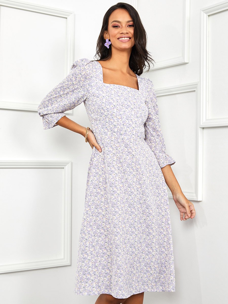 3/4 Sleeves Floral Print Square Neck A-Line Midi Dress For Women at Saudi |  Styli