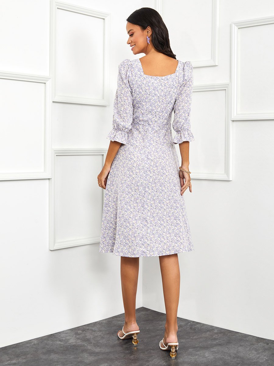 3/4 Sleeves Floral Print Square Neck A-Line Midi Dress For Women at Saudi |  Styli
