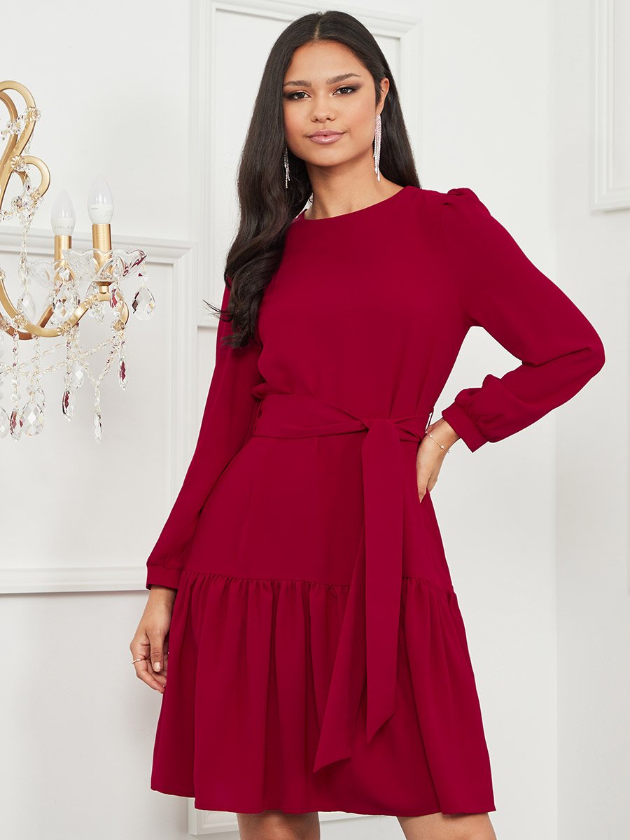 Long Sleeves Drop Waist Detail Knee Length Dress with Tie Belt For Women at  UAE | Styli