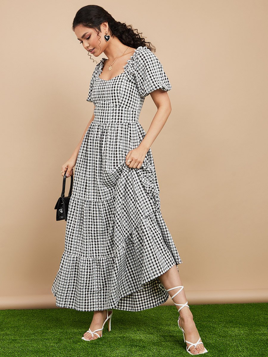 knee length dresses for ladies Gingham Tiered Maxi Dress: Taupe Small