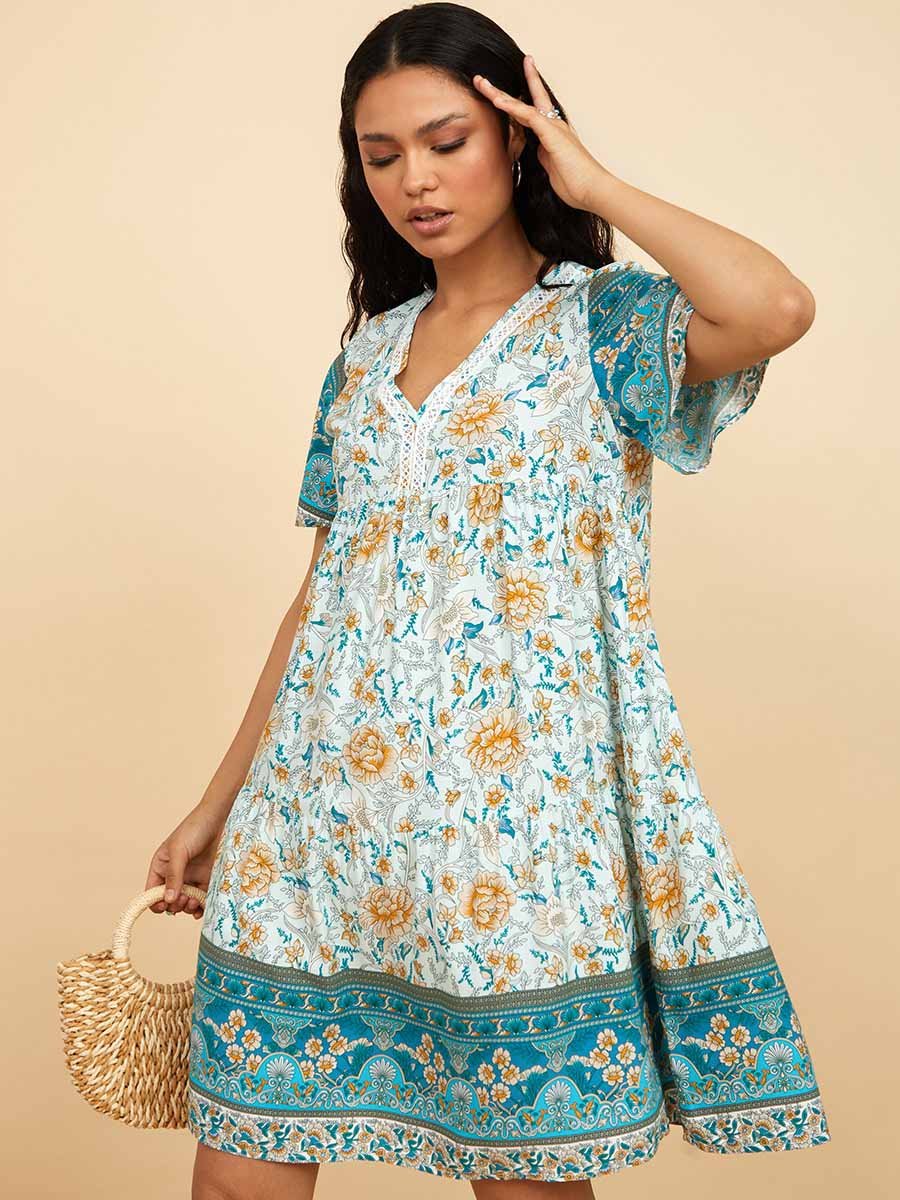 Short Sleeves Bohemian Print Viscose Knee Length Dress For Women at Bahrain  | Styli