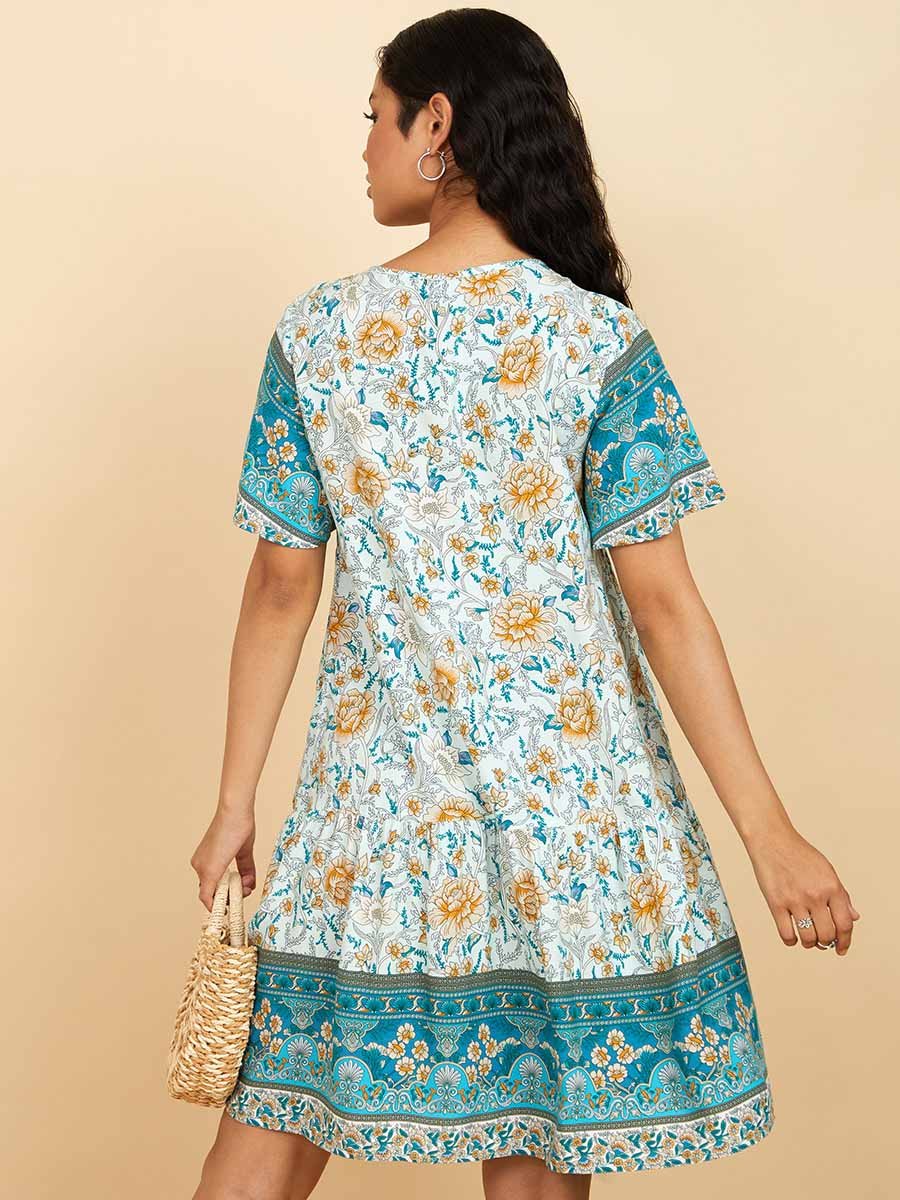 bohemian knee length dress White Cotton Knee Length Frilled Bohemian Dress 66" / Regular (5'2"