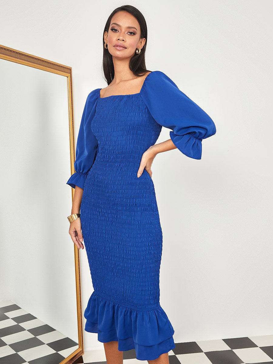 shirred bodycon midi dress 3/4 Sleeves with Frill Hem For Women at UAE vt::Dresses::Pattern::Print 520 Blue Renaissance Dress Size:L/ US 10 shoulder neckline