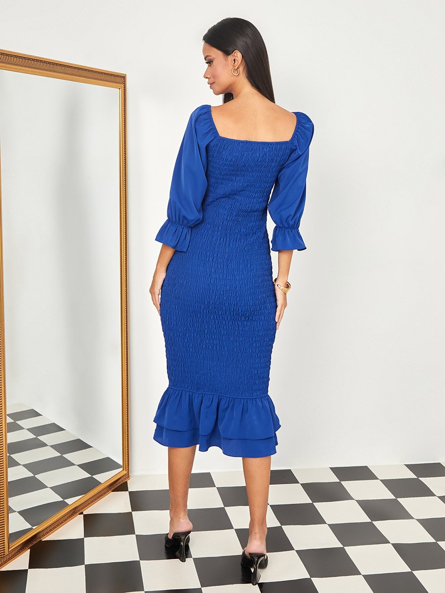 3/4 Sleeves Shirred Bodycon Midi Dress with Frill Hem For Women at Saudi |  Styli