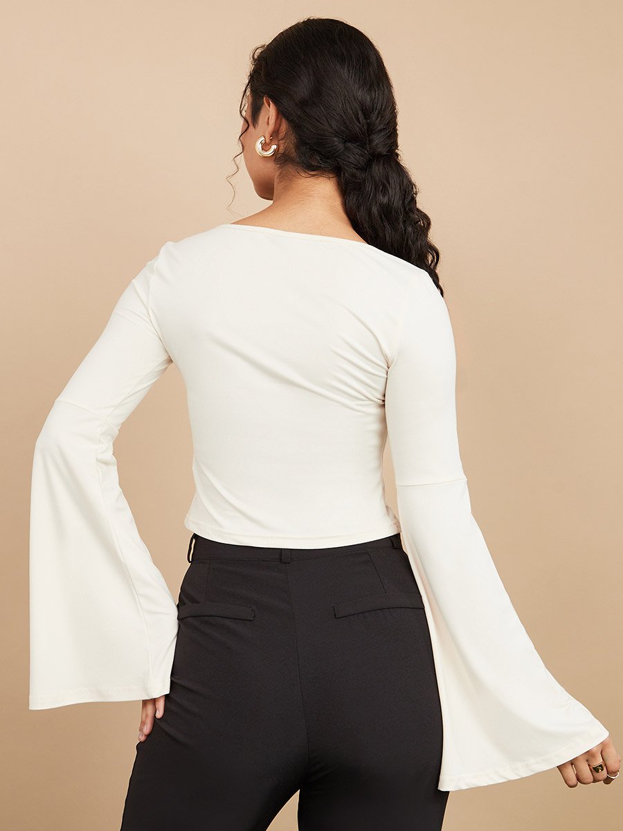 Bell Sleeves Square Neck Knit Crop Top For Women at Saudi | Styli