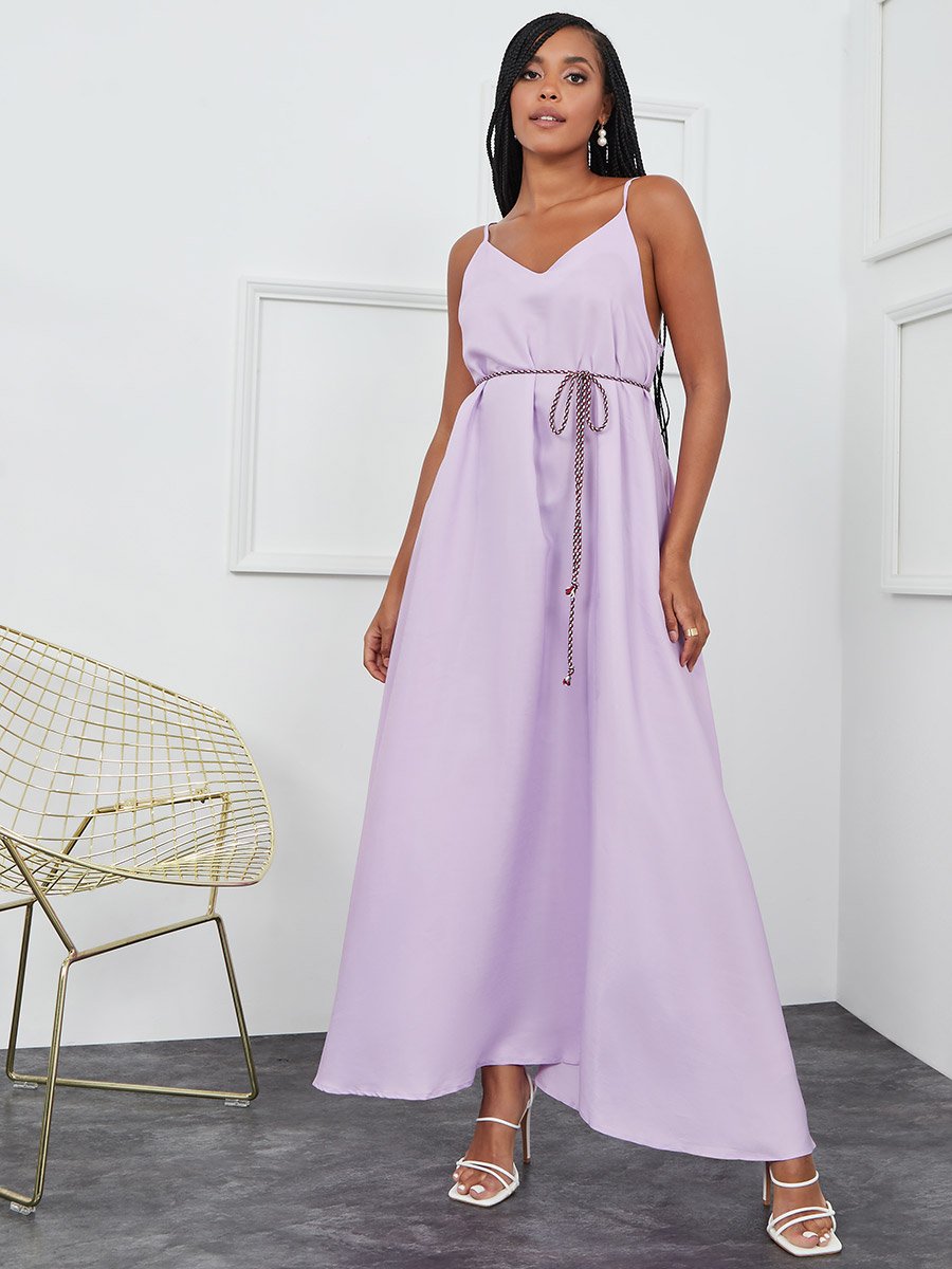 Strappy V Neck A-Line Maxi Dress with Tie String Belt For Women at UAE | Styli Strappy V Neck A-Line Maxi Dress with Tie String Belt For Women at UAE | Styli