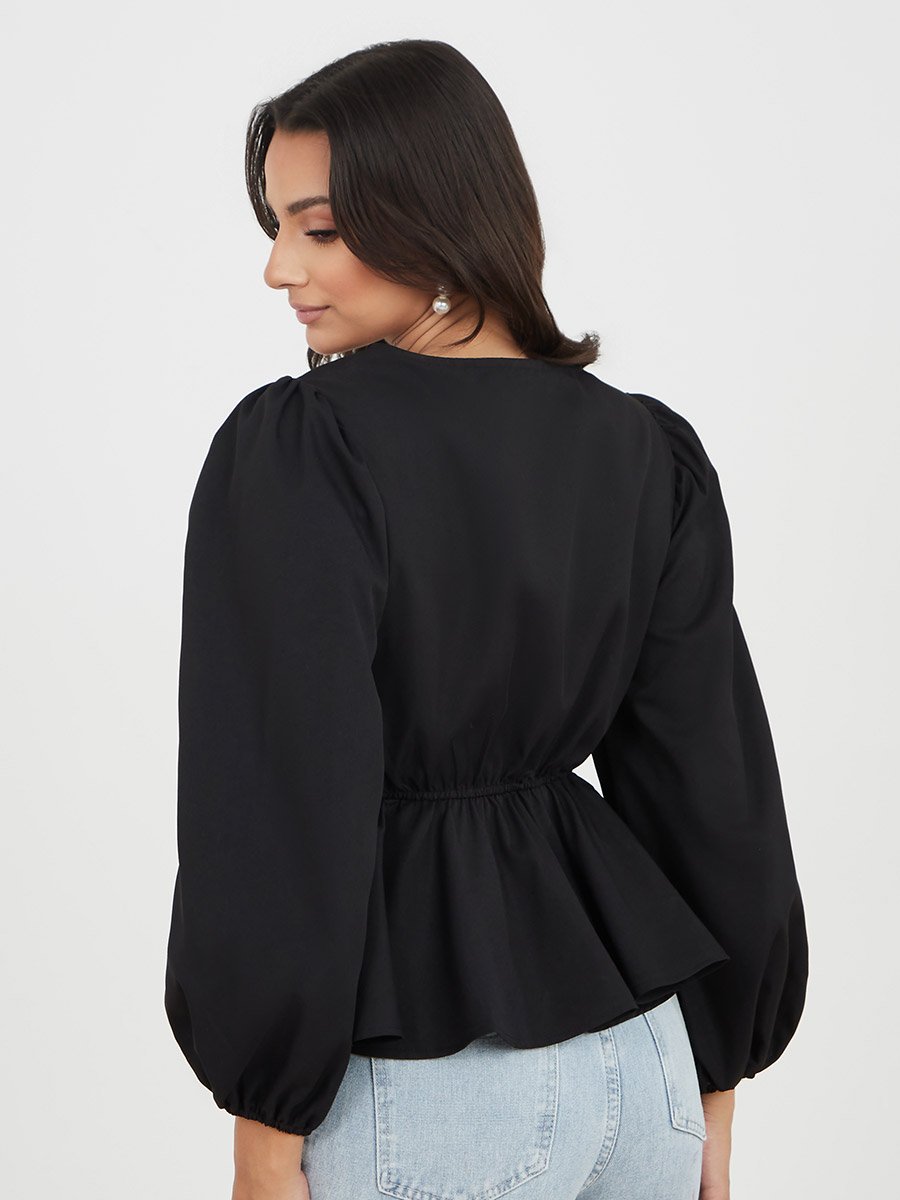 Balloon Long Sleeve V Neck Peplum Top For Women at Saudi | Styli