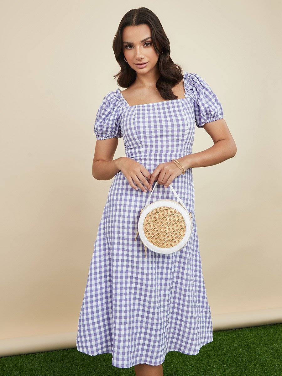 knee length dresses for ladies Stripe Midi Dress Short Sleeve Sweetheart Neck Cut Out main image 0