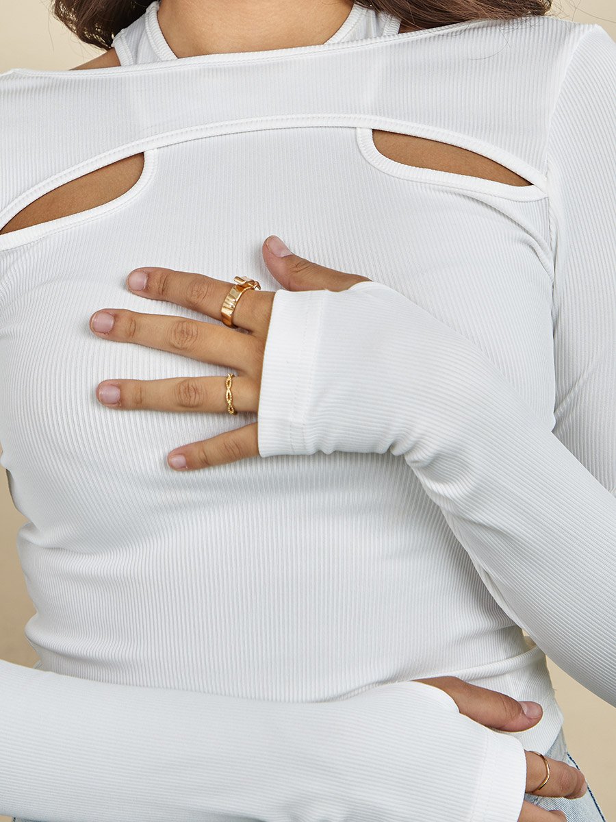 Thumbhole Sleeve Ribbed Fitted Knit Top For Women at Saudi | Styli