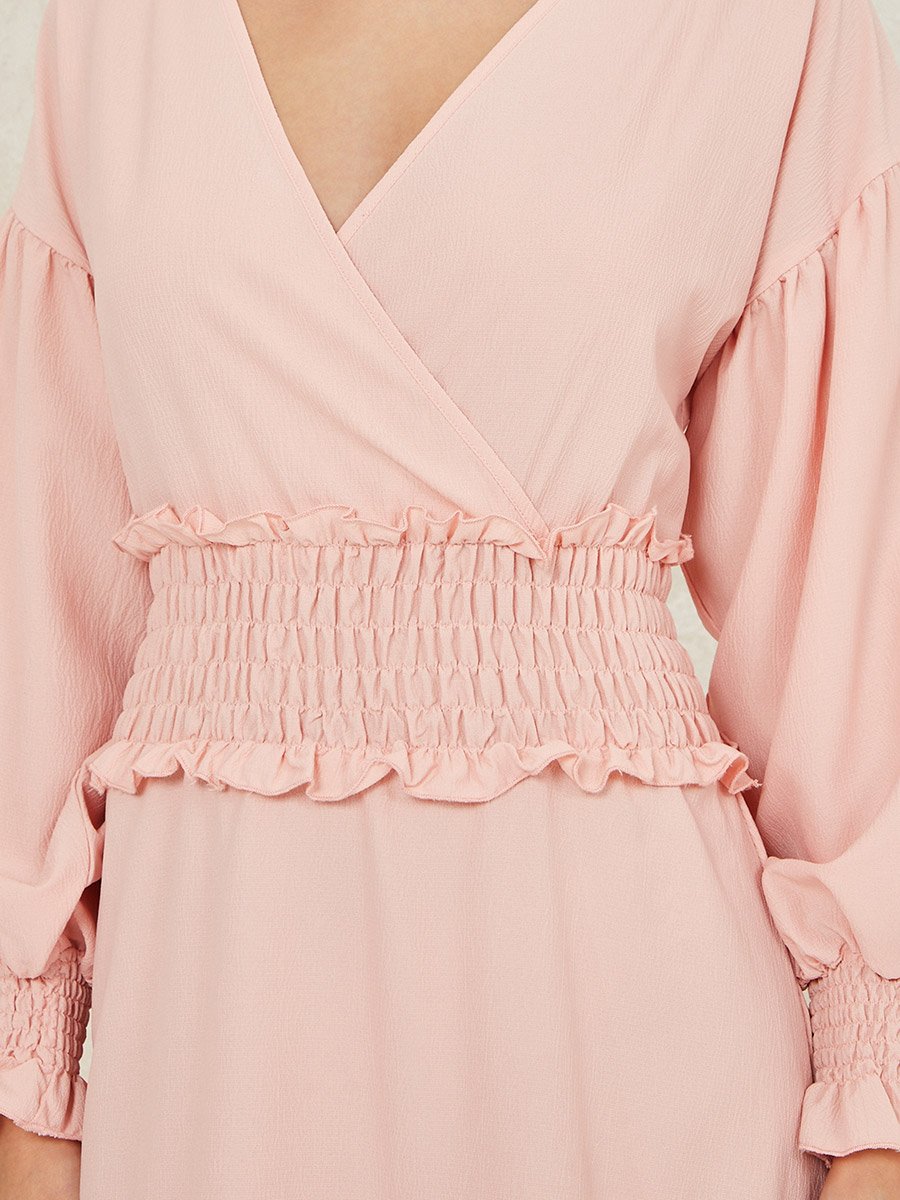 Bishop Sleeves Shirred Waist A-Line Midi Dress For Women at Saudi | Styli