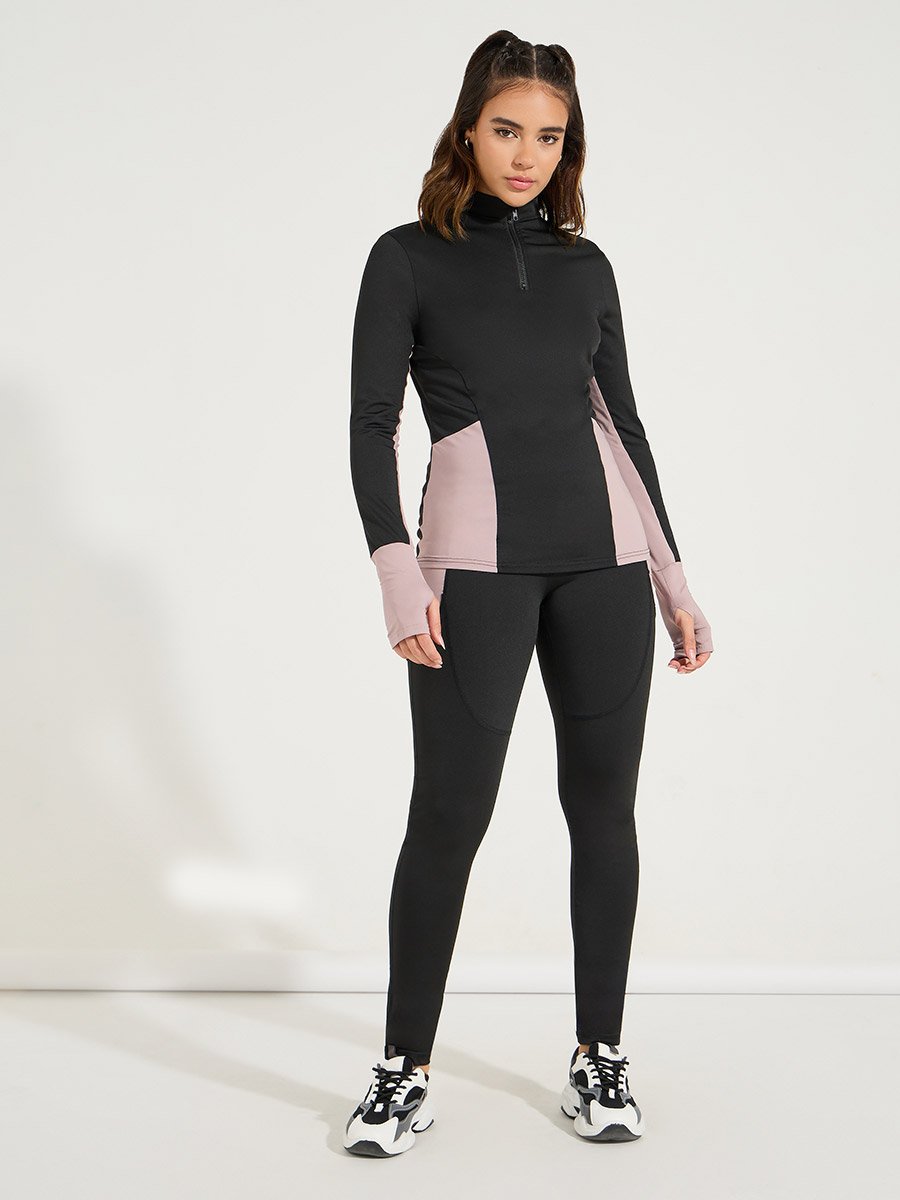 Color Block Half Zip Thumbhole Top and Legging Set