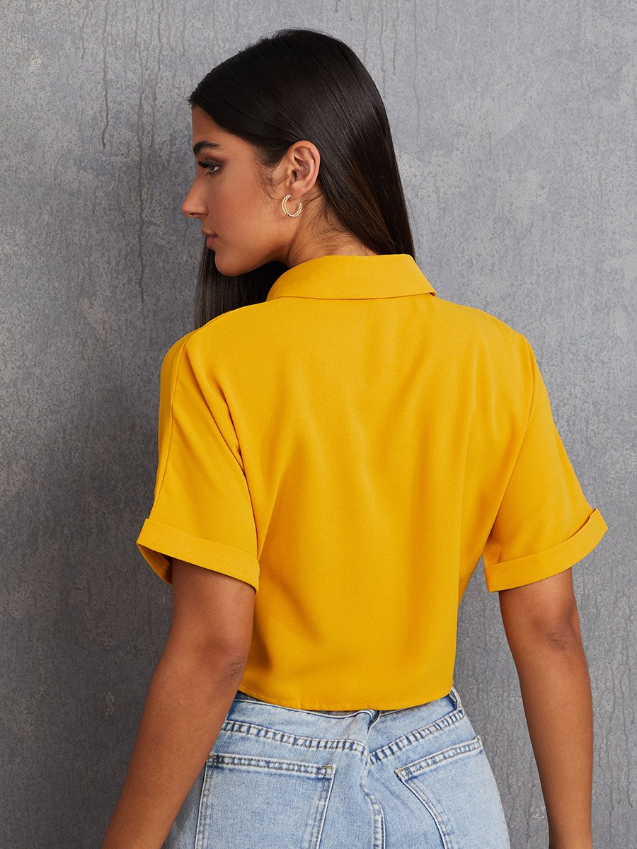 Tie-Knot Detail Solid Crop Shirt For Women at Saudi | Styli