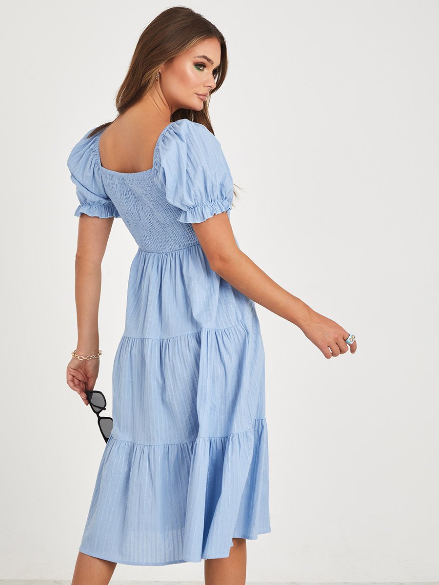 knee length dresses for ladies Magenta Puff Sleeve Shirred Waist Smock Midi Dress – AX Paris main image 1
