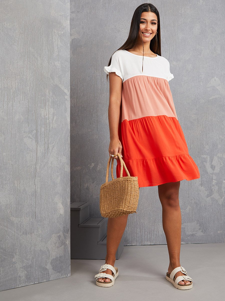 Short Sleeves Colorblock Smock Knee Length Dress For Women at Bahrain |  Styli